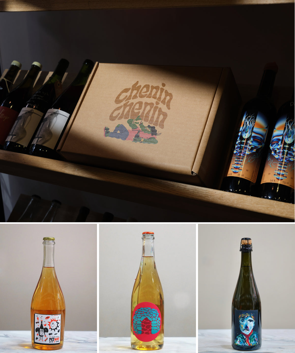 Collage of wine bottles and a cardboard box with 'Chenin Chenin' branding.